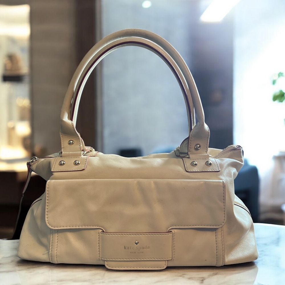 Kate Spade New‎ York Beige Leather Satchel Tote Purse Polka Dot Lining